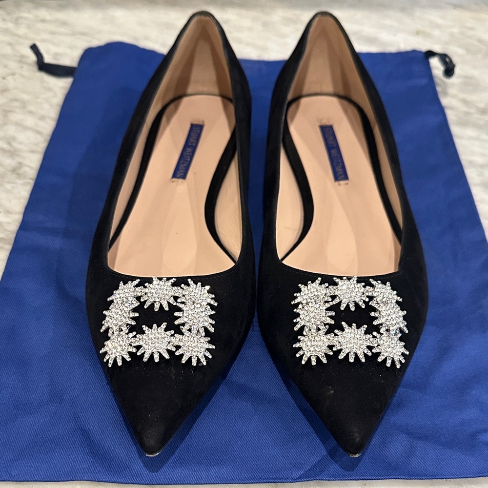 Stuart Weitzman “Kelsey” Black Suede Flats with Rhinestone Buckles. Worn once!